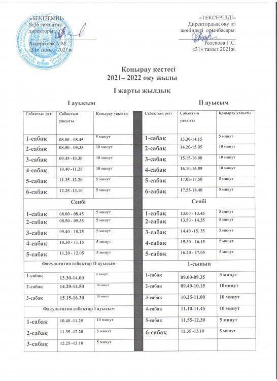 Қоңырау кестесі 2021-2022 оқу жылы