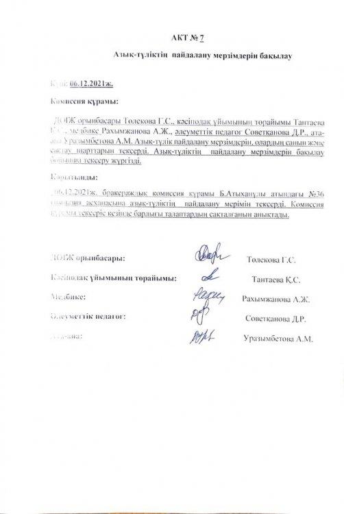 АКТ. Азық түліктің  пайдалану мерзімдерін бақылау.