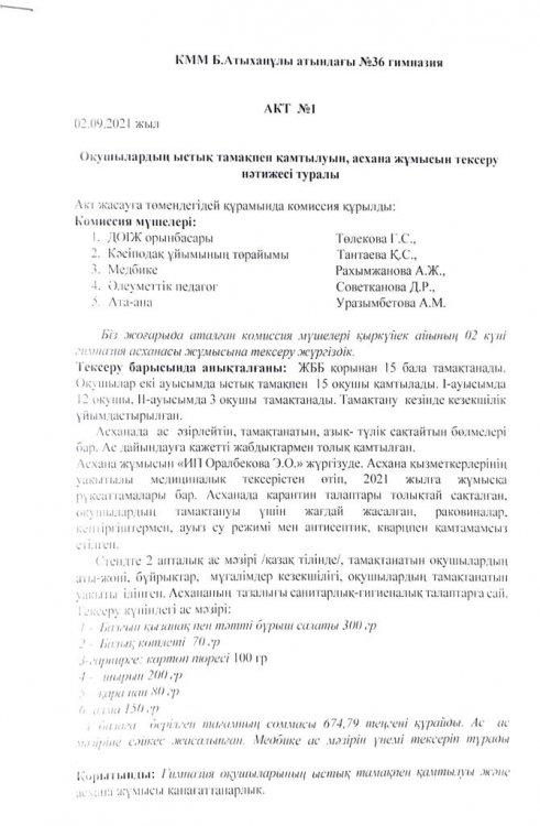 АКТ. Оқушылардың  ыстық тамақпен қамтылуын, асхана жұмысын тексеру нәтижесі туралы