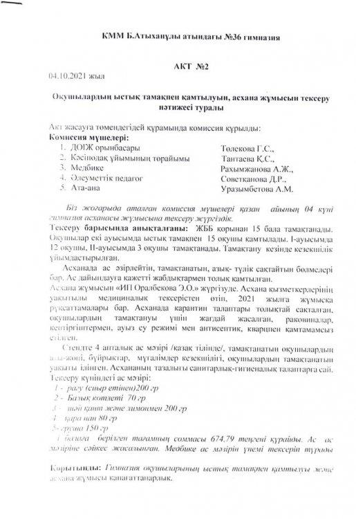 АКТ. Оқушылардың  ыстық тамақпен қамтылуын, асхана жұмысын тексеру нәтижесі туралы