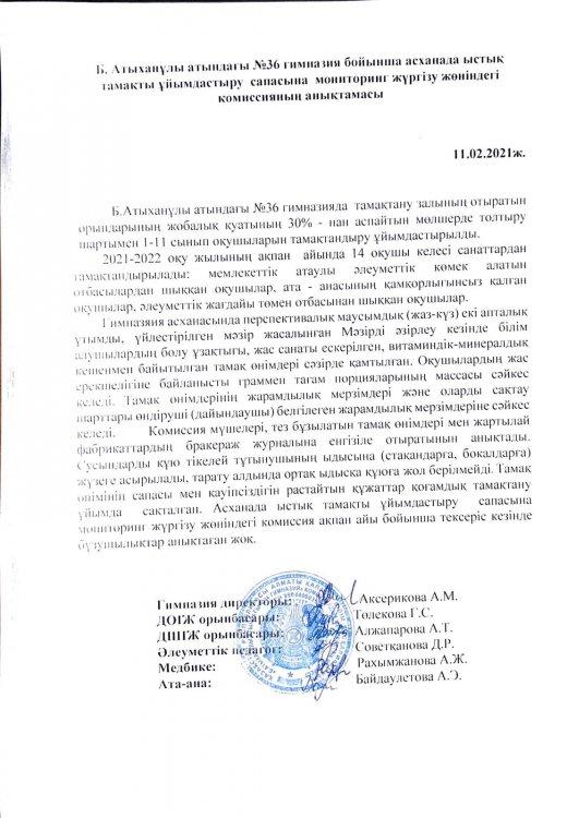 Тамақтандыруды ұйымдастыру  сапасына мониторинг жүргізу жөніндегі комиссияның анықтамасы