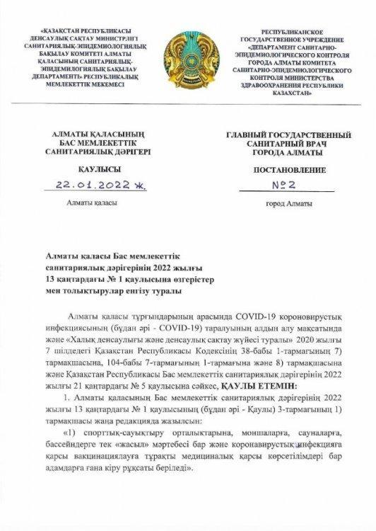 Алматы қаласының бас мемлекеттік санитарлық дәрігері Қаулысы