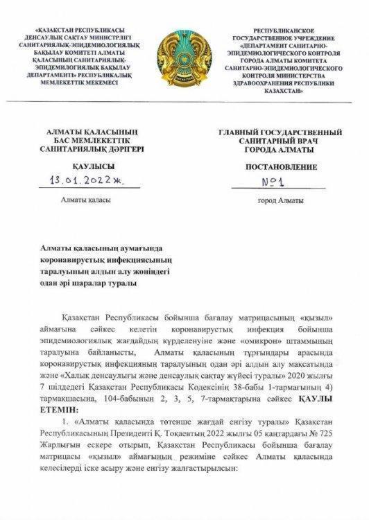 Алматы қаласы бас мемлекеттік санитарлық дәрігері ҚАУЛЫ