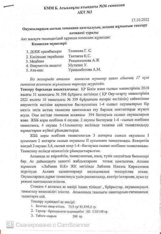 АКТ №3 Асхана жұмысын тексеру нәтижесі