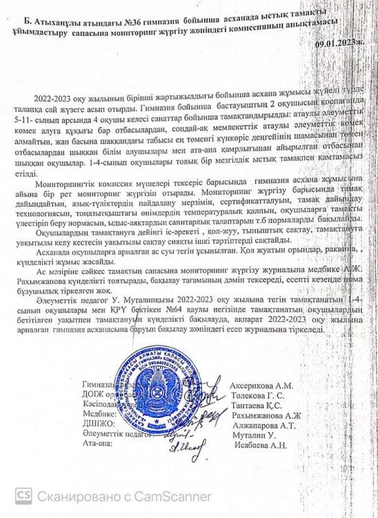 Анықтама. Мониторнингтік комиссияның асхана жұмысын тексеру туралы