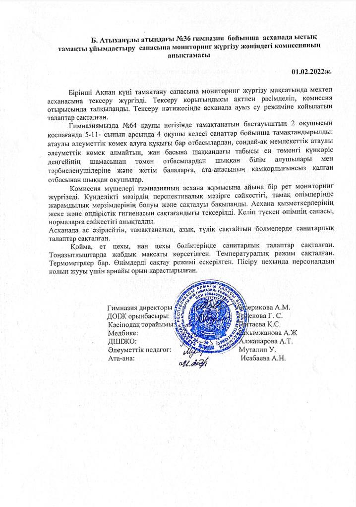 Мониторингтік топтың асхана жұмысын тексеру бойынша анықтамасы