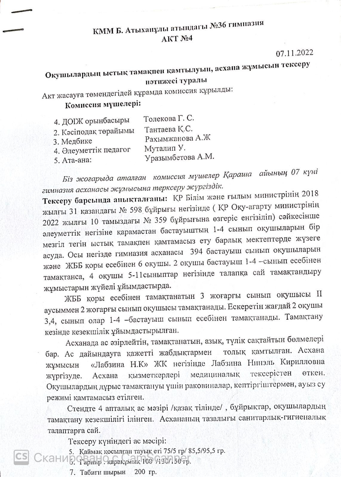 АКТ №4. Асхана  жұмысын тексеру нәтижесі туралы