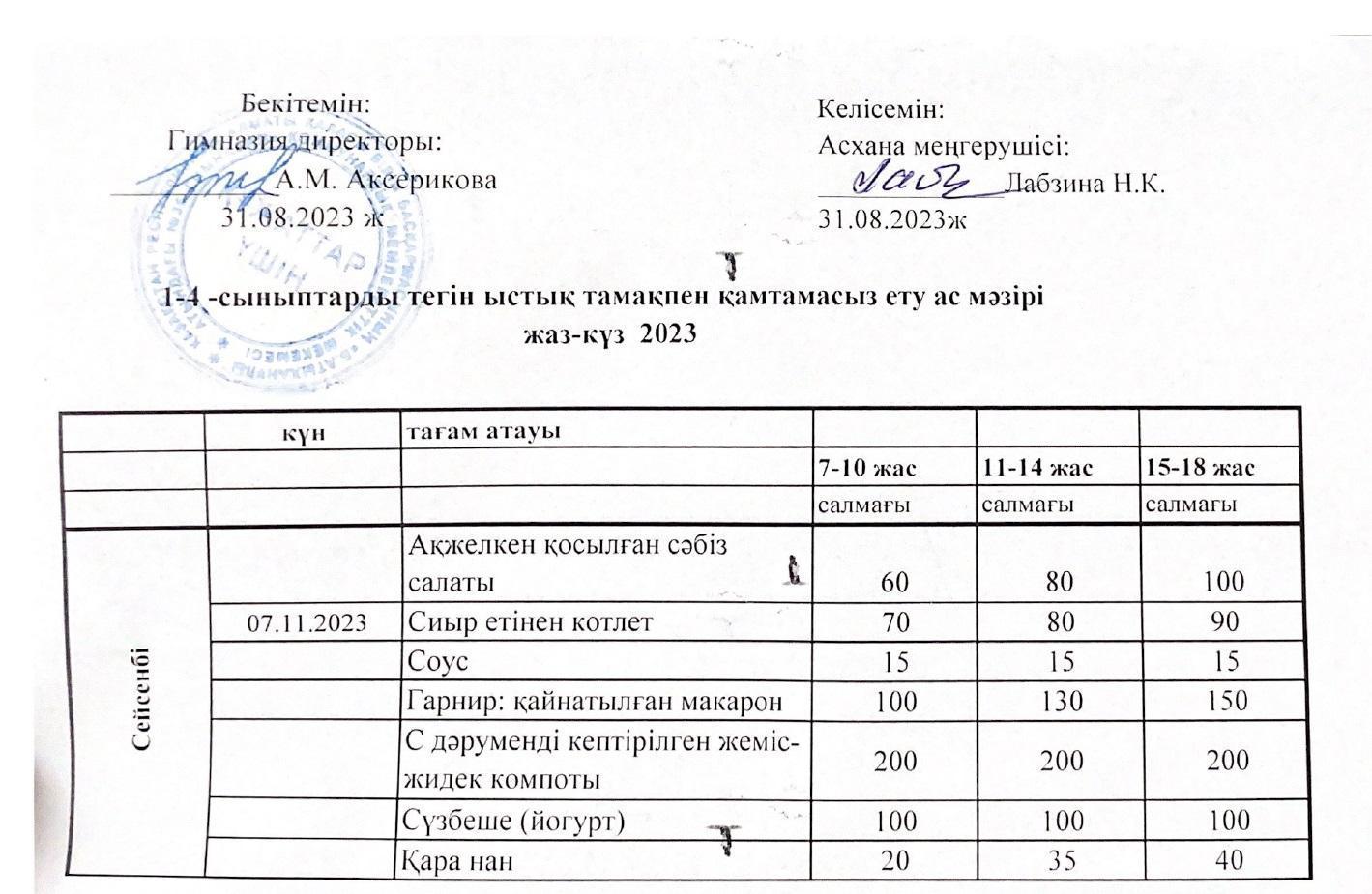 Ас мәзірі 07.11.2023