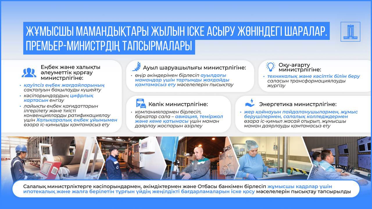 ЖҰМЫСШЫ МАМАНДЫҚТАРЫ ЖЫЛЫН ІСКЕ АСЫРУ ЖӨНІНДЕГІ ШАРАЛАР ПРЕМЬЕР- МИНИСТРДІҢ ТАПСЫРМАЛАРЫ