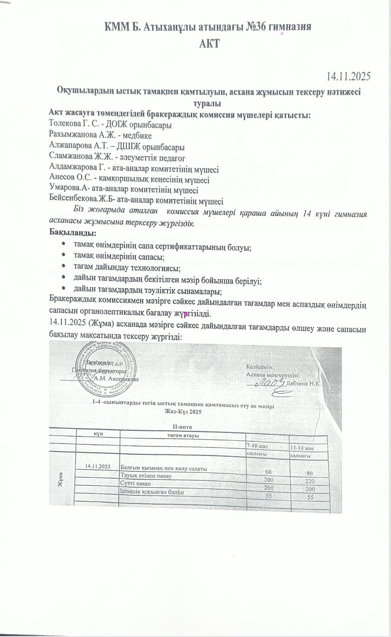 Ыстық тамақтандыруды ұйымдастыруды тексеру қорытындысы бойынша АКТ